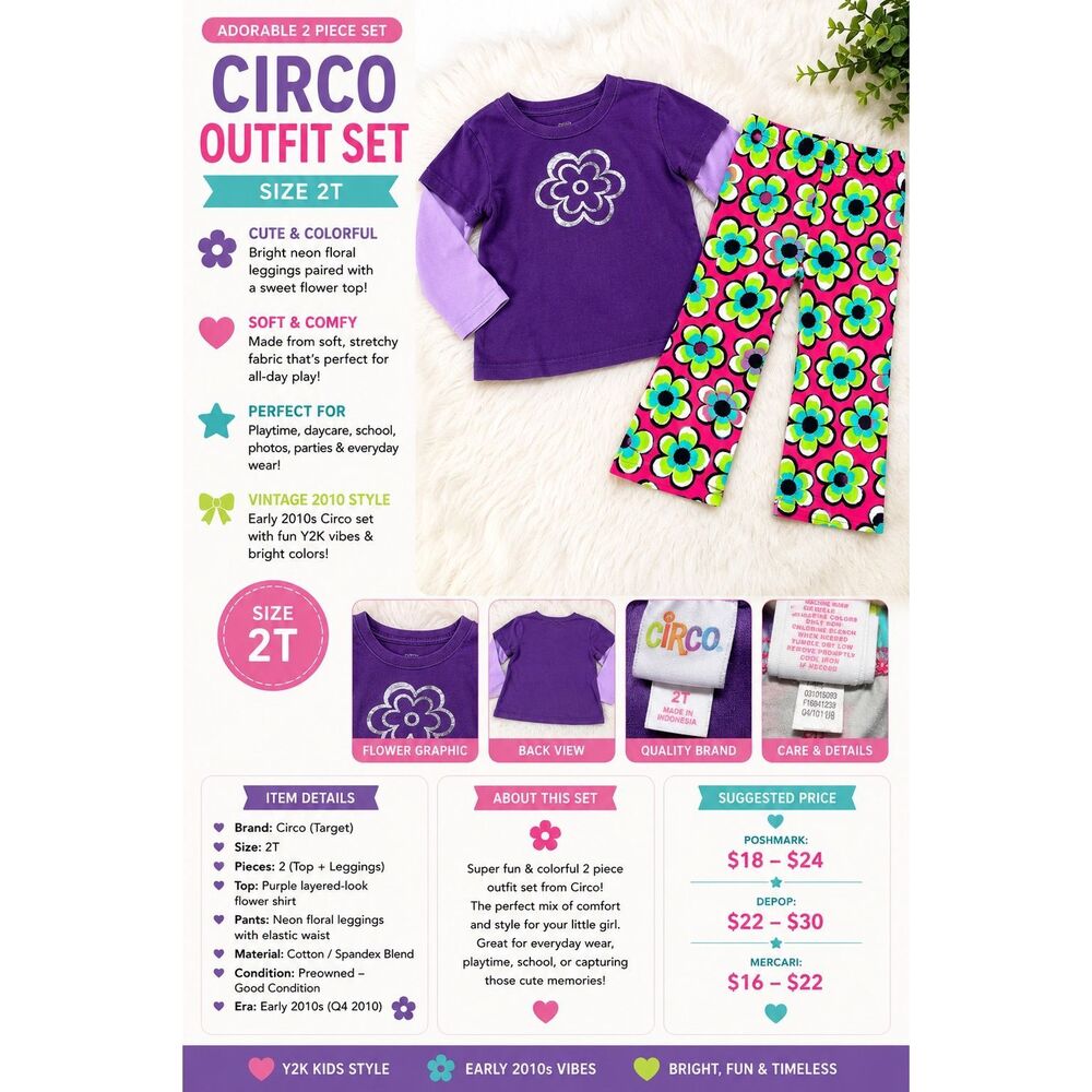 Vintage 2010 Circo Floral Legging Set 2T Purple Flower Top Neon Pants